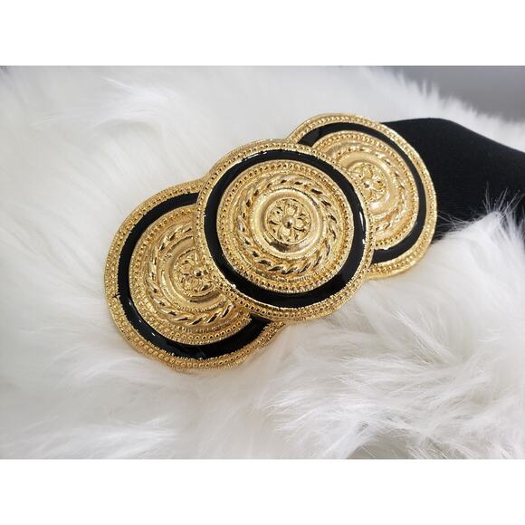 Nani Lewis Vintage 1980s Gold tone black enamel black elastic STRETCH belt retro - Picture 3 of 6